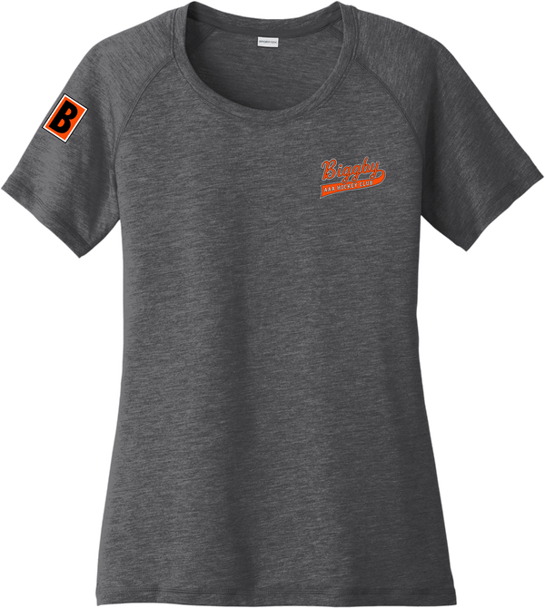 Biggby Coffee AAA Ladies PosiCharge Tri-Blend Wicking Scoop Neck Raglan Tee